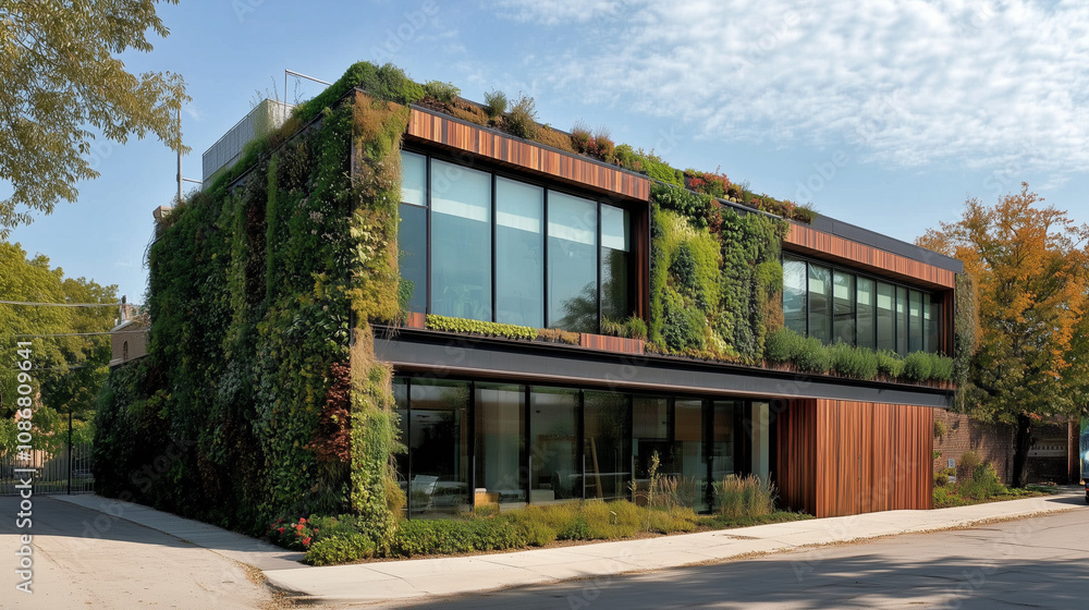 Recycling materials in the exterior of a building, along with living green walls and water conservation measures. Recycling materials in the exterior of a building, along with living green walls and water conservation measures.