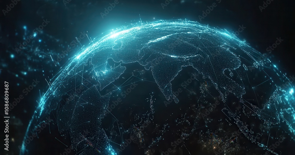 High-Tech Visualization of Earth with Digital Connections and Global Network Above Asia and Surrounding Regions, Representing Modern Data Flow and Communication Technologies High-Tech Visualization of Earth with Digital Connections and Global Network Above Asia and Surrounding Regions, Representing Modern Data Flow and Communication Technologies