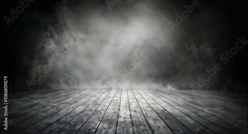 Wooden Stage Floor with Foggy Smoke on Dark Background - Performance Space