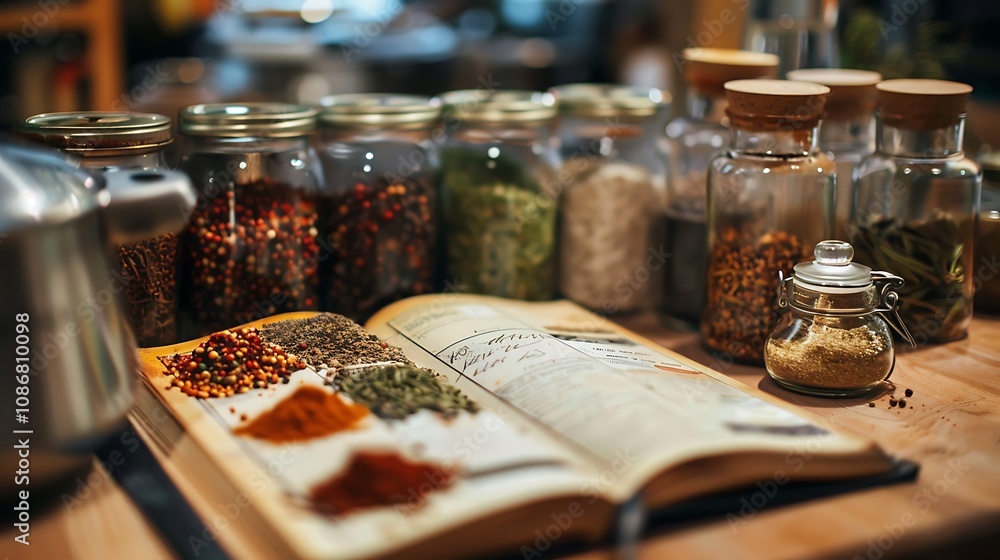 Spices and a recipe book on the kitchen counter during a cooking session Spices and a recipe book on the kitchen counter during a cooking session