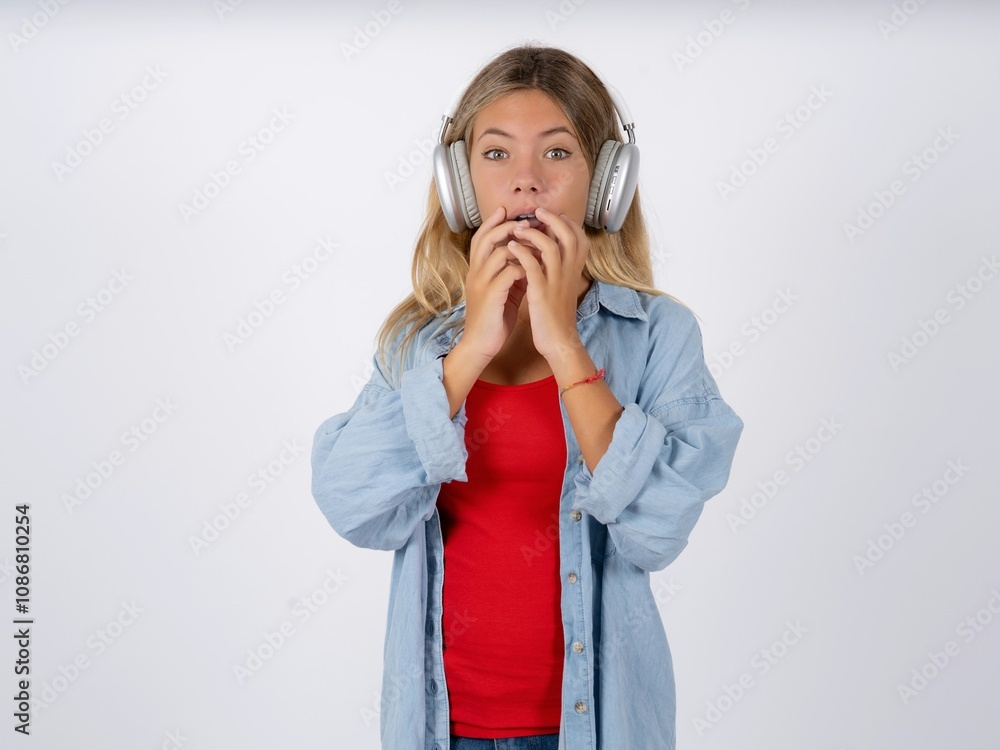 Shocked Beautiful teen girl wearing denim jacket stares fearful at camera keeps mouth widely opened wears wireless stereo headphones on ears Shocked Beautiful teen girl wearing denim jacket stares fearful at camera keeps mouth widely opened wears wireless stereo headphones on ears