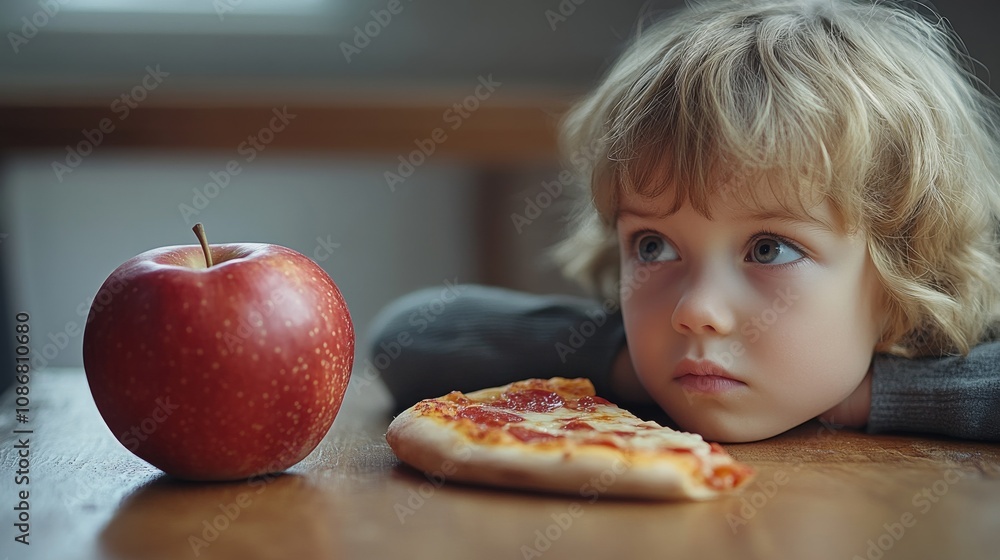 A thoughtful child gazes at an apple and a slice of pizza, contemplating choices between healthy and indulgent food. A thoughtful child gazes at an apple and a slice of pizza, contemplating choices between healthy and indulgent food.