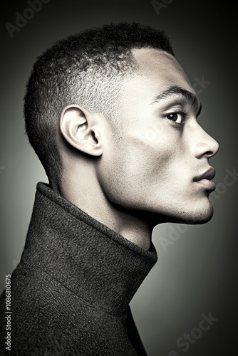 A side profile of a thoughtful man seen in a high collar, with his defined jawline and stylish hair, conveying sophistication and mystery, set against plain background. photo