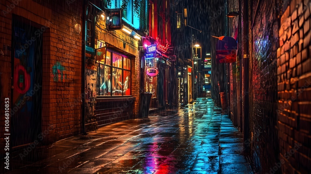 Fototapeta premium Neon Drenched Alleyway in Cyberpunk Inspired Urban Night Scene with Rainy Effect
