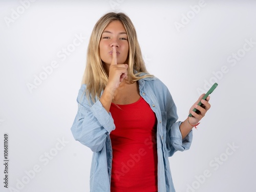 Beautiful teen girl wearing denim jacket holding modern gadget ask not tell secrets photo