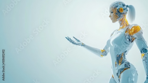 White robot engineer wearing a helmet, studying blueprints with a mechanical backdrop, symbolizing advanced technology and innovation in engineering.