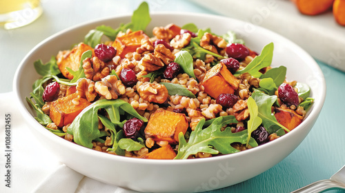 Farro salad with roasted sweet potato, cranberries, and walnuts