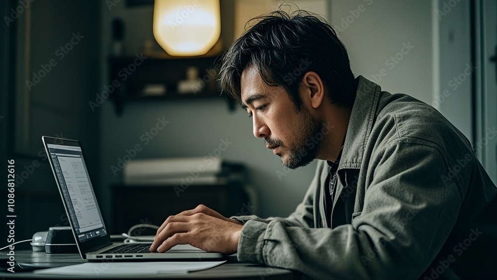 Exhausted Man Struggling with Workload on Laptop Exhausted Man Struggling with Workload on Laptop