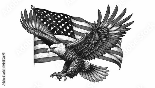 Eagle in Flight with American Flag, hand sketch engraving.