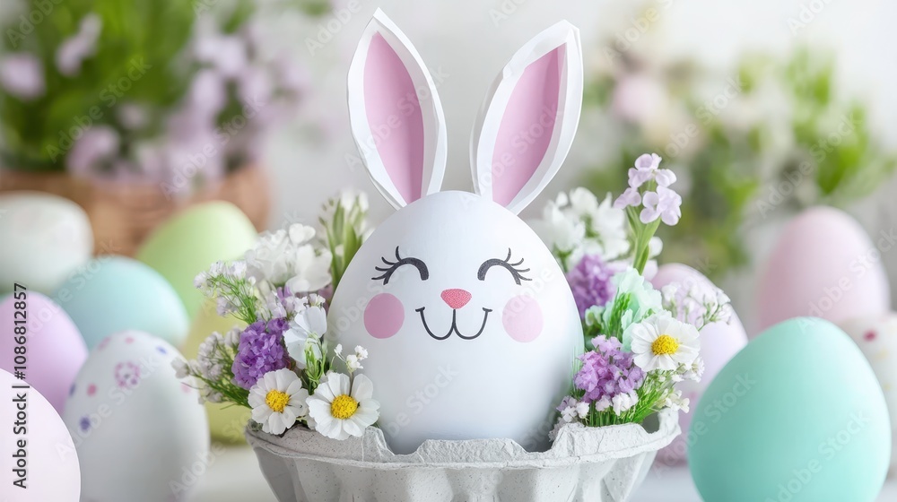 Smiling Easter egg with bunny ears and flowers, symbolizing festive decoration, creativity, and holiday cheer. Smiling Easter egg with bunny ears and flowers, symbolizing festive decoration, creativity, and holiday cheer.
