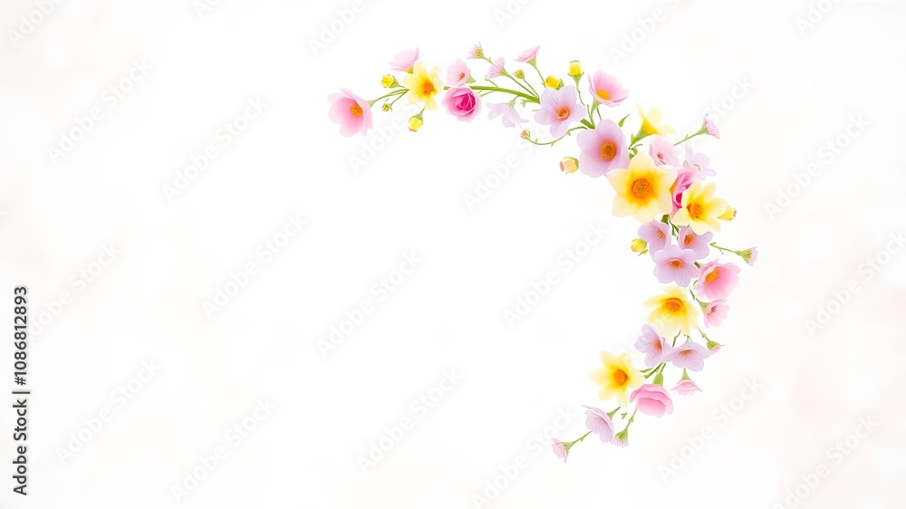Delicate Floral Arrangement with Pastel Blooms in a Crescent Shape on a White Background Delicate Floral Arrangement with Pastel Blooms in a Crescent Shape on a White Background