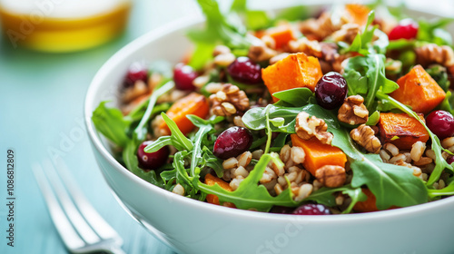 Farro salad with roasted sweet potato, cranberries, and walnuts
