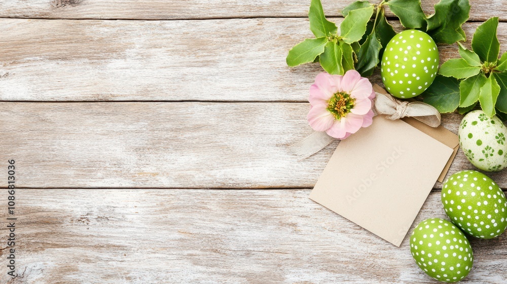 Green Easter eggs with white polka dots and a pink flower on rustic wood background, perfect for a spring greeting. Green Easter eggs with white polka dots and a pink flower on rustic wood background, perfect for a spring greeting.
