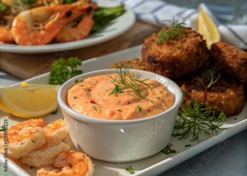 Delicious Sauce Remoulade - Creamy Condiment for Seafood Dishes, Perfect for Dipping, Fresh Ingredients, Culinary Delight, Gourmet Flavor, Appetizer Essential, Versatile Sauce photo