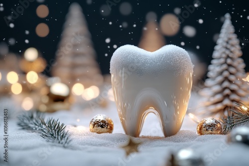 A whimsical snowy scene featuring a tooth decorated like a Christmas ornament, surrounded by twinkling lights and festive trees.