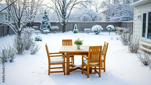 A wooden table and chairs set sits in a snowy backyard, surrounded by snow-covered trees and bushes, creating a peaceful winter scene.