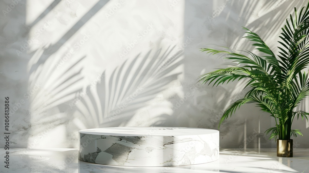 photograph of Luxury empty marble podium with tropical leaves and plant shadow photograph of Luxury empty marble podium with tropical leaves and plant shadow