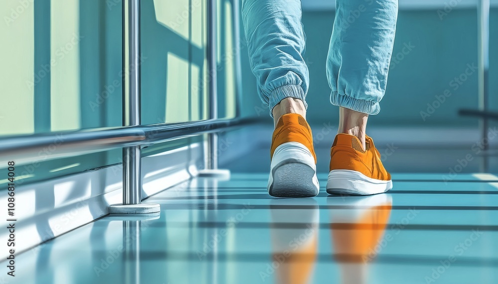 Obraz premium A person walking in orange sneakers along a sleek, modern corridor, showcasing a stylish urban vibe with bright lighting.