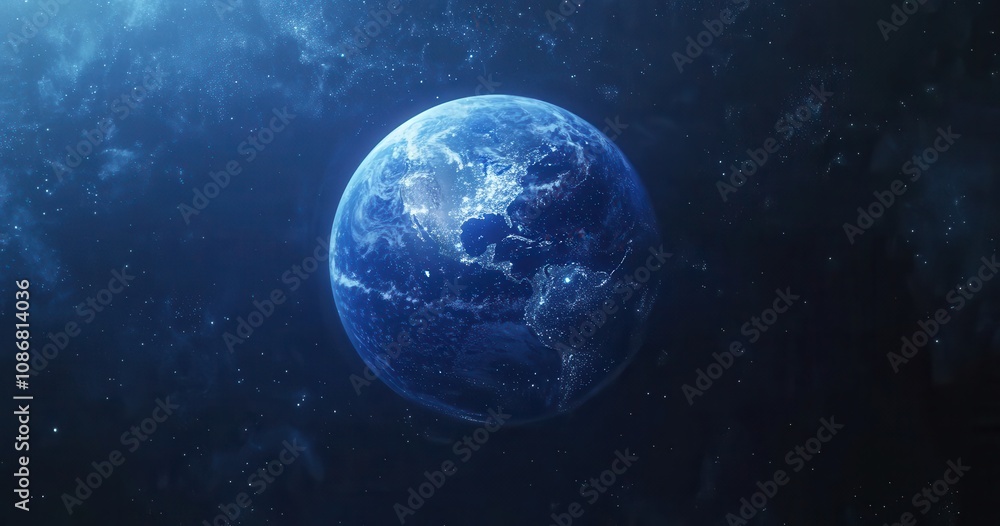 Stunning View of Earth from Space Featuring Bright Blue Atmosphere and Twinkling Night Lights, Capturing the Beauty of Our Planet in a Cosmic Setting Stunning View of Earth from Space Featuring Bright Blue Atmosphere and Twinkling Night Lights, Capturing the Beauty of Our Planet in a Cosmic Setting