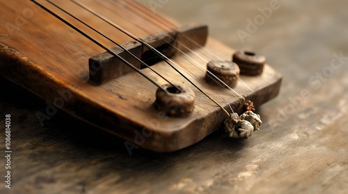 Traditional Korean Musical Instrument Close-Up Showing Strings and Wooden Body, Capturing Cultural Heritage and Craftsmanship in Music