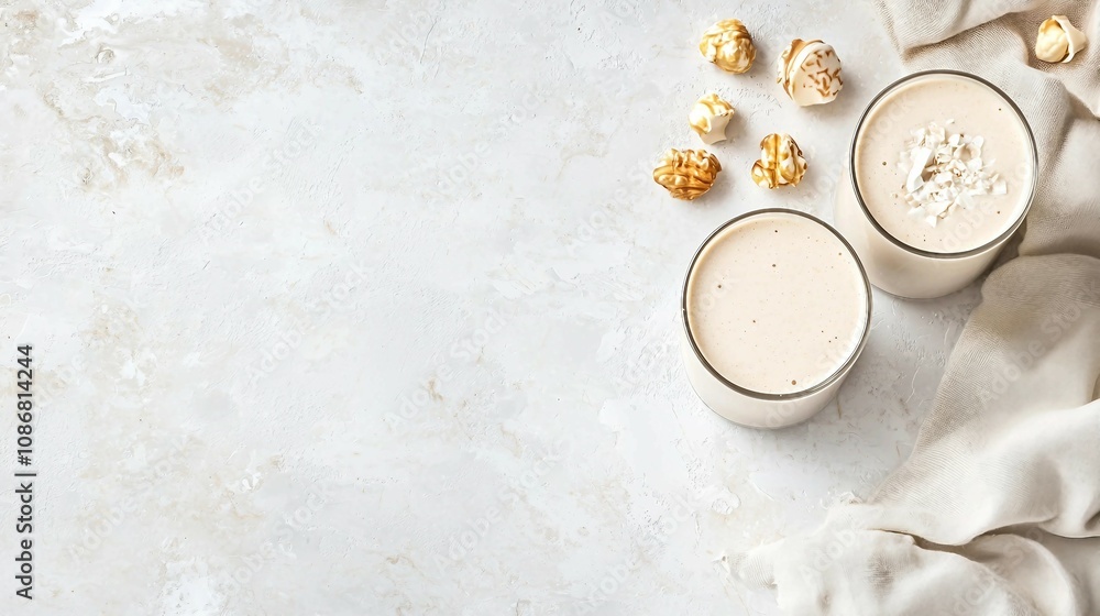 Creamy Smoothies with Popcorn Accents on a Textured Surface for a Refreshing Snack Moment at Home or for a Healthy Lifestyle Choice Creamy Smoothies with Popcorn Accents on a Textured Surface for a Refreshing Snack Moment at Home or for a Healthy Lifestyle Choice