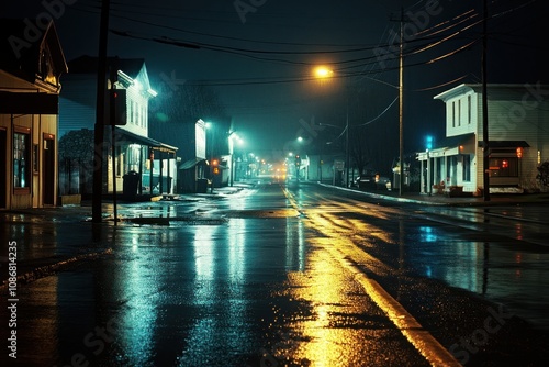 Fototapeta Naklejka Na Ścianę i Meble -  Quiet American town streets night lights urban.
