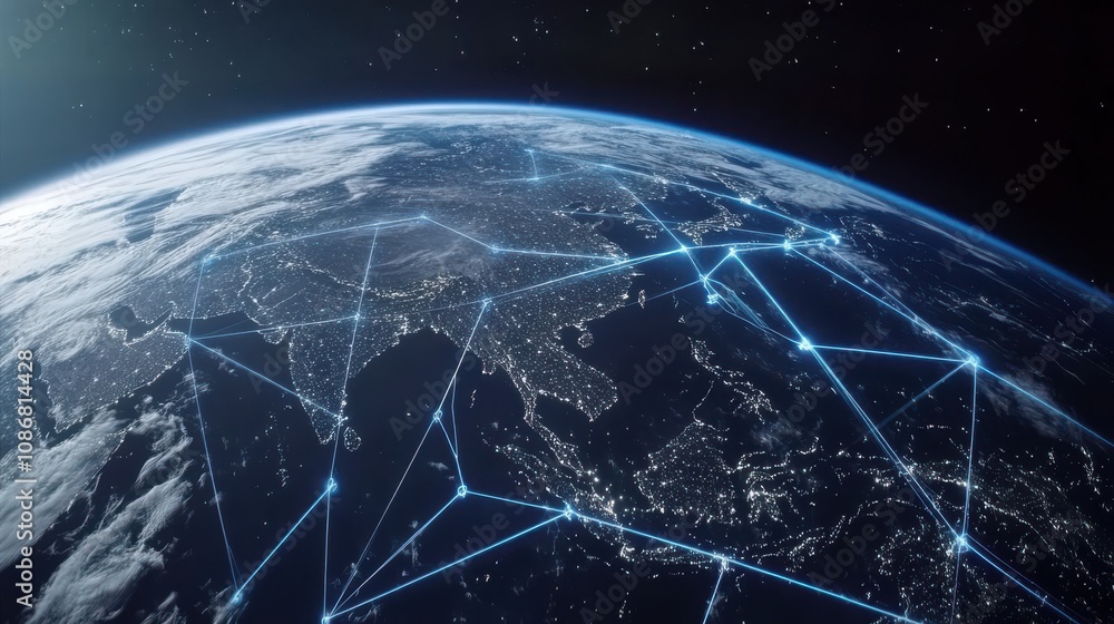 Obraz premium Stunning Earth Image from Space Featuring Bright Lights and Network Connections Representing Global Communication and Interconnectedness Over a Beautiful Blue Planet