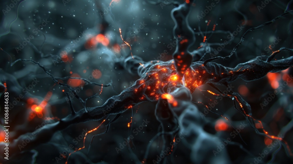 photograph of Microscopic view of a neuron cell with glowing synapses. wide angle lens photograph of Microscopic view of a neuron cell with glowing synapses. wide angle lens