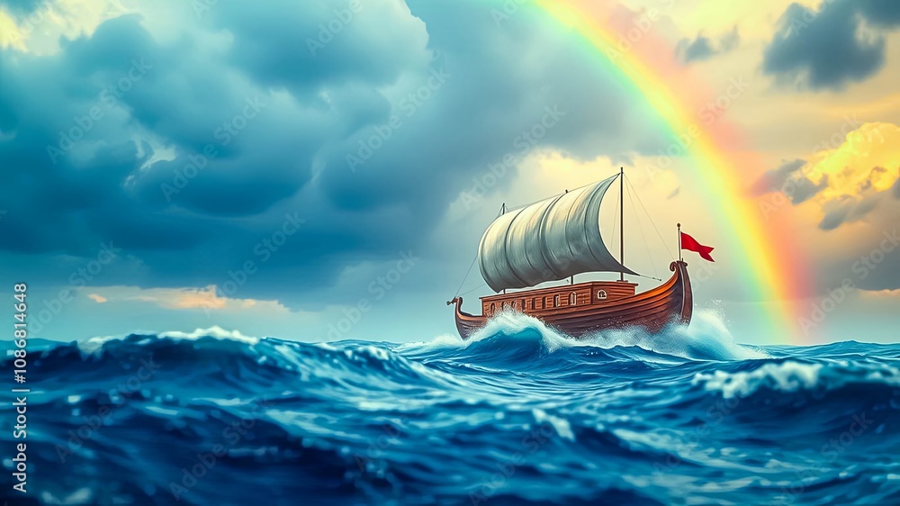 Fototapeta premium A solitary wooden sailing ship navigates the vast open ocean, its white sail billowing in the wind, a vibrant rainbow arching overhead, promising hope and new beginnings.
