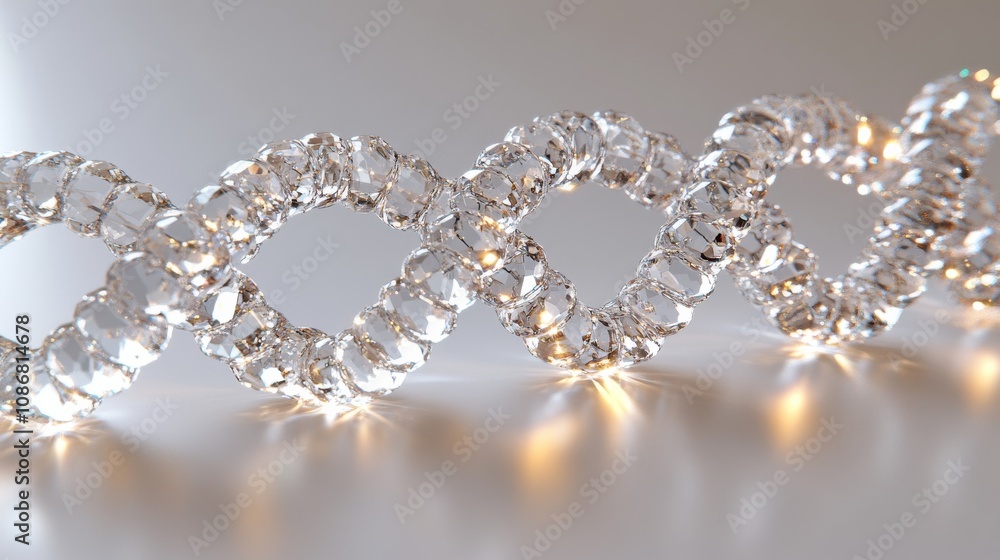 A sparkling, elegant chain of clear crystals arranged in a wavy pattern, reflecting light beautifully against a soft background. A sparkling, elegant chain of clear crystals arranged in a wavy pattern, reflecting light beautifully against a soft background.