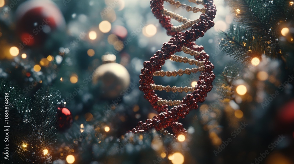 A festive DNA strand ornament hangs among Christmas decorations, blending science and holiday cheer in a whimsical display. A festive DNA strand ornament hangs among Christmas decorations, blending science and holiday cheer in a whimsical display.