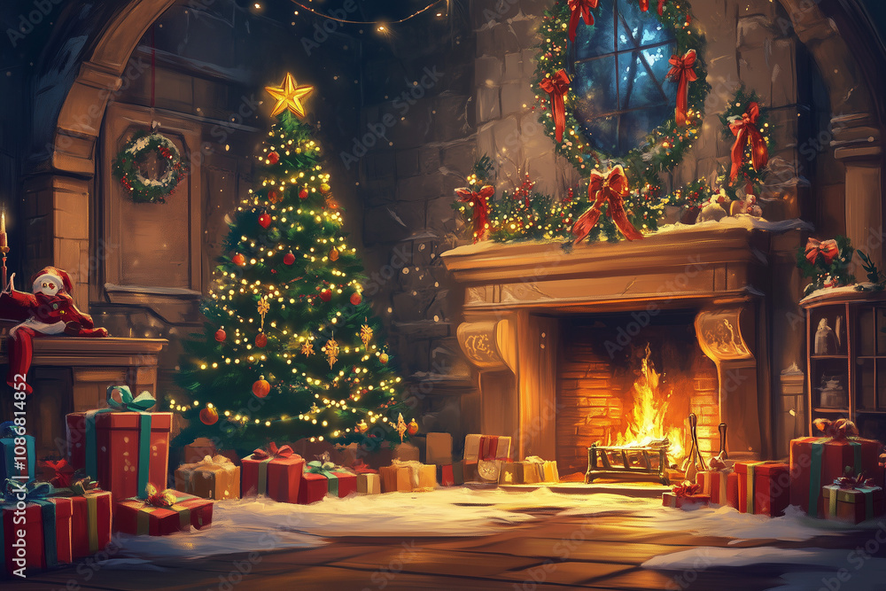 A cozy Christmas interior featuring a glowing, beautifully decorated tree, a warm fireplace, and an array of festive gifts, all illuminated in the soft, magical light of the holiday season.