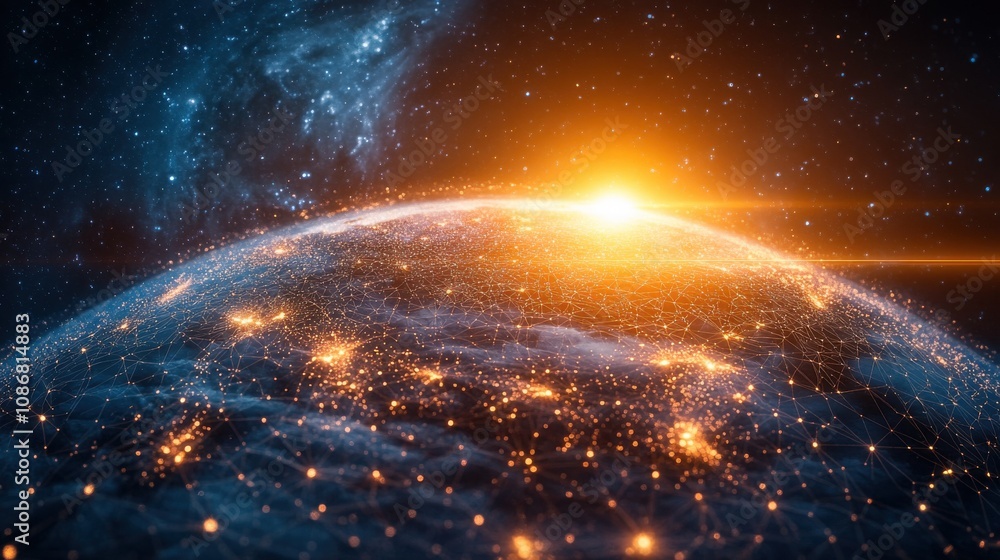 A Stunning View of Earth from Space Highlighting Global Connectivity and the Dawn of a New Day with a Bright Sunrise over the Horizon A Stunning View of Earth from Space Highlighting Global Connectivity and the Dawn of a New Day with a Bright Sunrise over the Horizon
