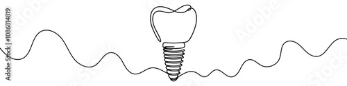 One continuous line illustration of a dental implant, isolated on white background. Line art of dental implant