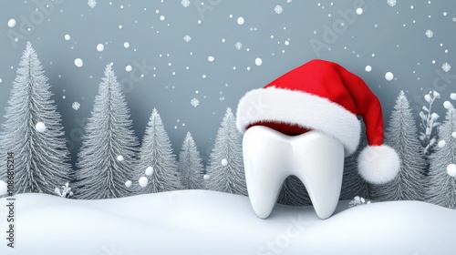 A whimsical tooth wearing a Santa hat amidst a snowy landscape, surrounded by frosted trees, capturing a festive dental theme.