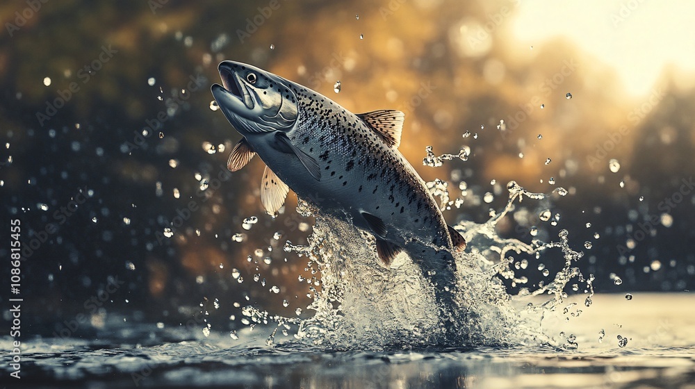 Fototapeta premium Majestic Salmon Leaping from Water Surrounded by Sparkling Splash Reflections in a Tranquil Natural Setting During the Golden Hour of Sunrise or Sunset