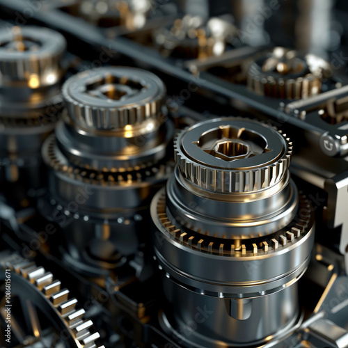 The image captures pistons inside a cylinder, surrounded by four valves and gears in a modern engine close-up reveals the advanced technology and mechanics of high-performance engines. AI generative photo