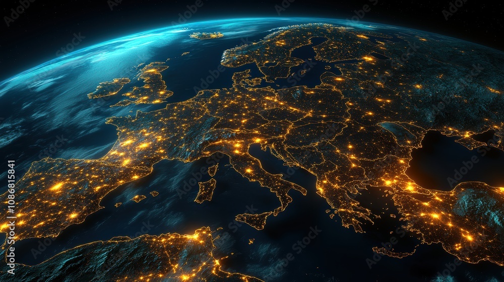 A Stunning Night View of Europe from Space Showcasing Bright City Lights and Geography with Detailed Intricacies of Cities and Natural Landscapes A Stunning Night View of Europe from Space Showcasing Bright City Lights and Geography with Detailed Intricacies of Cities and Natural Landscapes