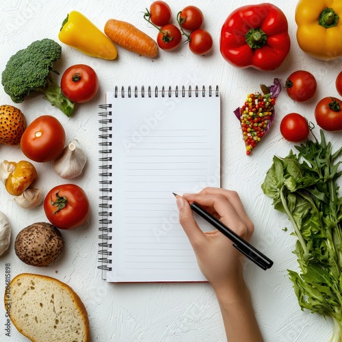 A hand writing in a notebook surrounded by fresh vegetables and bread, Person creating a shopping list, minimizing impulse buys to prevent food waste. photo