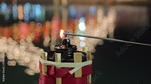 Light up joss stick incense. Burning incense fragrance joss stick with flame.
