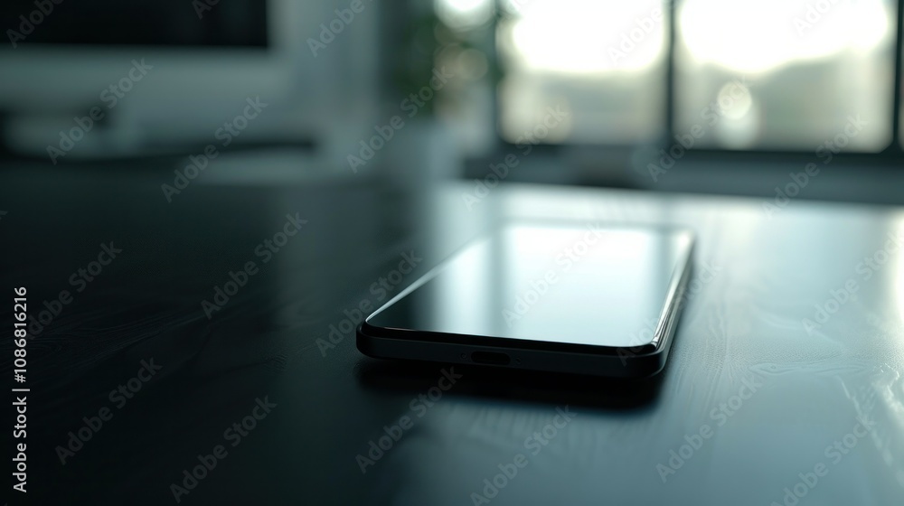photograph of Modern smartphone lying on a glossy black surface, featuring a blank screen ready for photograph of Modern smartphone lying on a glossy black surface, featuring a blank screen ready for
