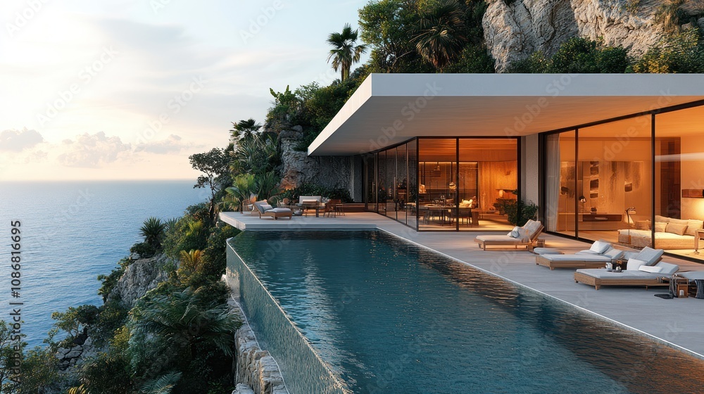 Fototapeta premium A 3D render of a modern luxury home with infinity pool, large terrace, and floor-to-ceiling glass walls.