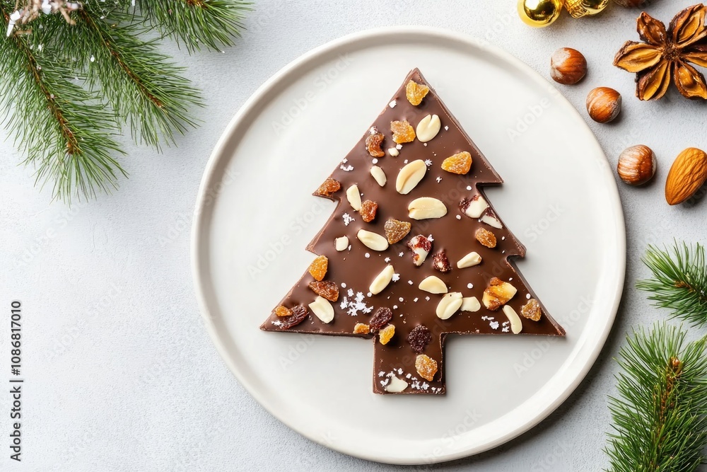 Delicious chocolate christmas tree with nuts and festive decorations on white plate Delicious chocolate christmas tree with nuts and festive decorations on white plate