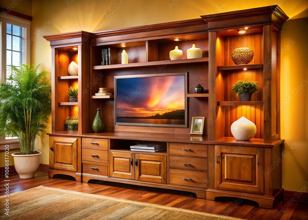 Elegant Silhouette of a Wooden Entertainment Center with Shelves and Drawers, Perfect for Modern Living Room Decor and Interior Design Inspiration in Soft Lighting Elegant Silhouette of a Wooden Entertainment Center with Shelves and Drawers, Perfect for Modern Living Room Decor and Interior Design Inspiration in Soft Lighting