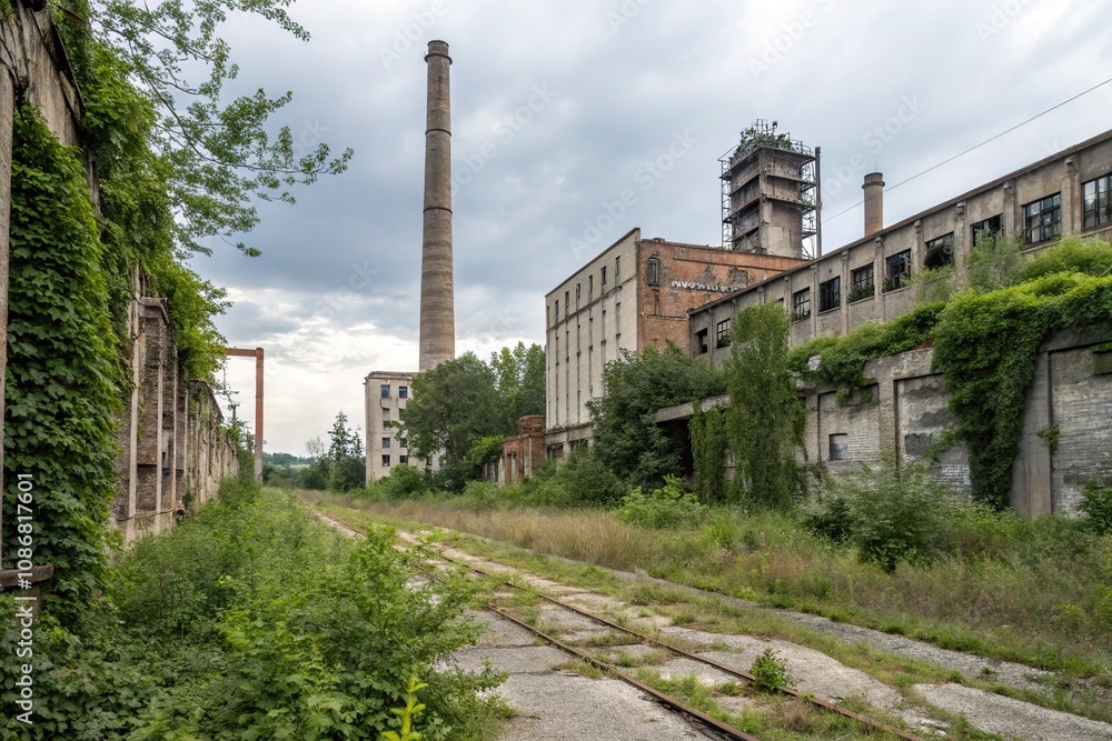 Industrial landscape with crumbling factory walls and overgrown vegetation, worn down structures, post-industrial wasteland, grunge aesthetics, overgrowth Industrial landscape with crumbling factory walls and overgrown vegetation, worn down structures, post-industrial wasteland, grunge aesthetics, overgrowth
