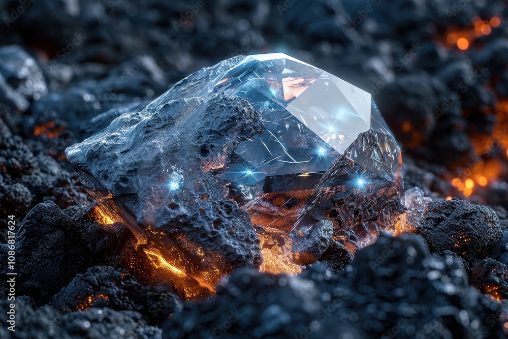 A stunning crystal glimmers on a bed of dark, volcanic rock, showcasing its multifaceted brilliance amidst a fiery landscape. A stunning crystal glimmers on a bed of dark, volcanic rock, showcasing its multifaceted brilliance amidst a fiery landscape.
