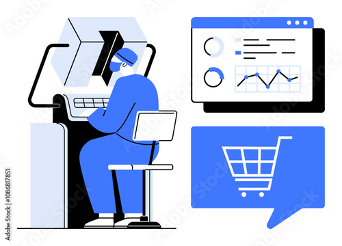 Person at workstation analyzing data with charts, using VR headset. Ideal for e-commerce, digital marketing, data analysis, technology, virtual reality, business strategies, presentations. Line