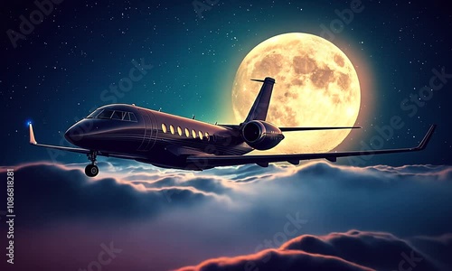 Black Private Jet Soaring Through Night Sky Beneath Full Moon