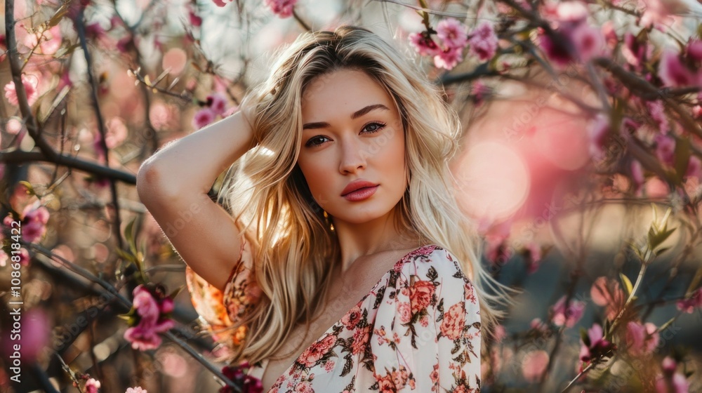 Fototapeta premium photograph of outdoor photo shoot, spring vibes, floral dress, blonde woman posing with hands in hair wide angle lens