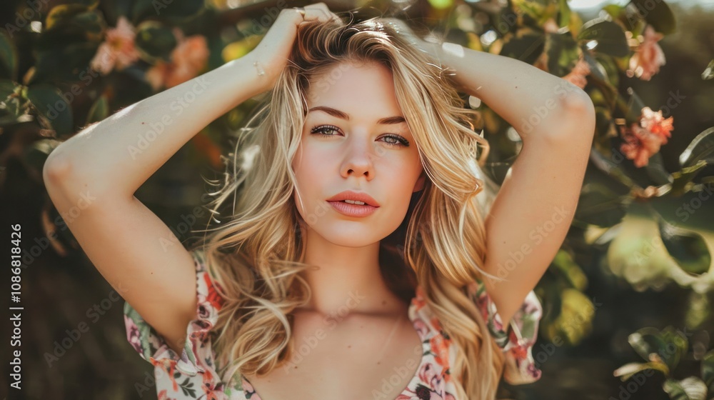Naklejka premium photograph of outdoor photo shoot, spring vibes, floral dress, blonde woman posing with hands in hair wide angle lens
